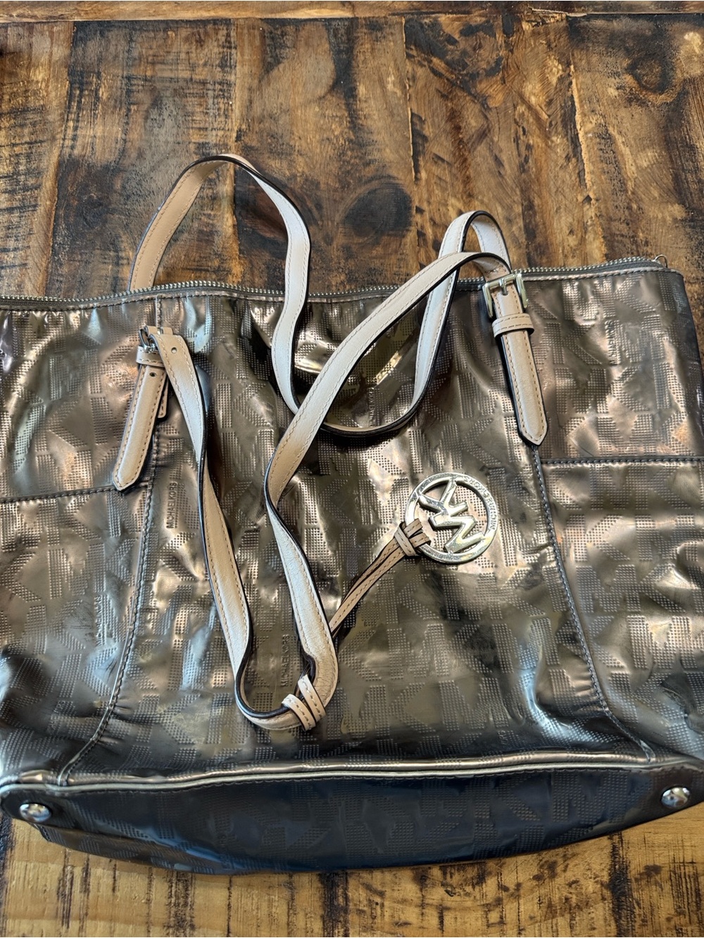 Michael Kors Metallic Gunmetal Tote with Light Tan Straps